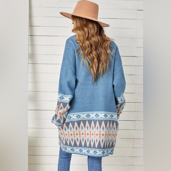 Cardigan Aztec Sweater ~ Long Sleeve Tribal Print Wool Knit Open Front in Blue - Picture 5 of 16